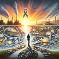 Compassionate visual representing environmental asbestos hazards affecting mesothelioma patients