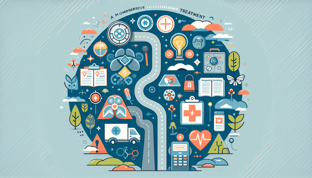 Medically accurate diagram showing mesothelioma staging and treatment options including surgery, chemotherapy, and immunotherapy
